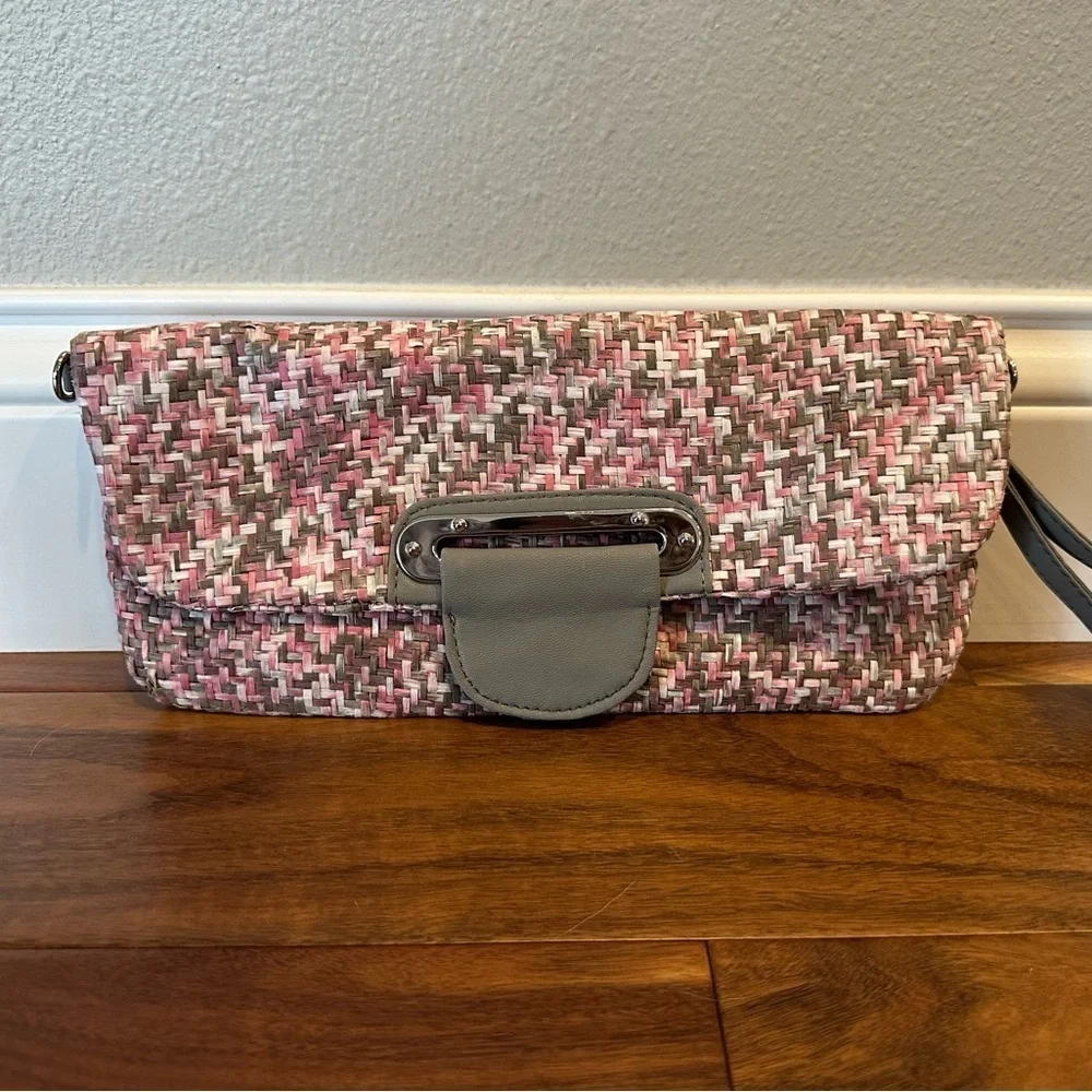 Pink and Grey Straw Clutch Purse with Crossbody Chain